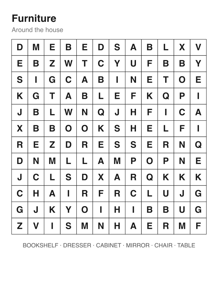 Furniture word search puzzle, 12 by 12 grid
