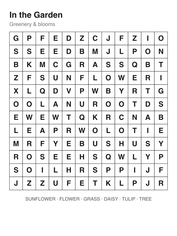 In the Garden word search puzzle, 12 by 12 grid
