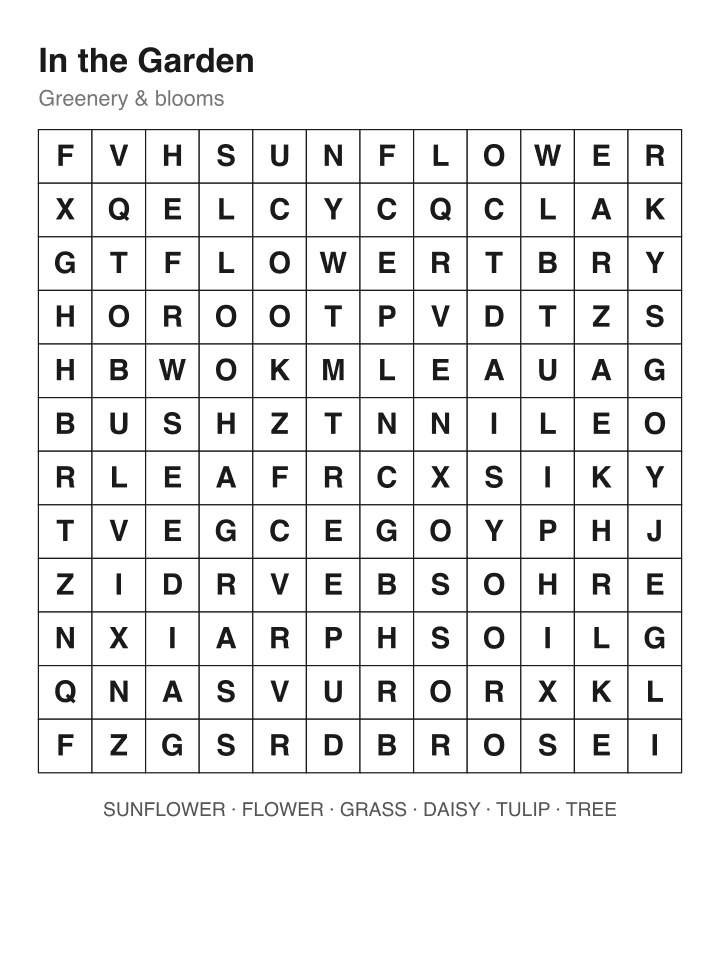 In the Garden word search puzzle, 12 by 12 grid