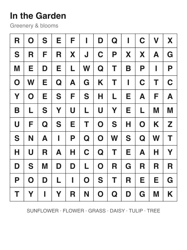 In the Garden word search puzzle, 12 by 12 grid