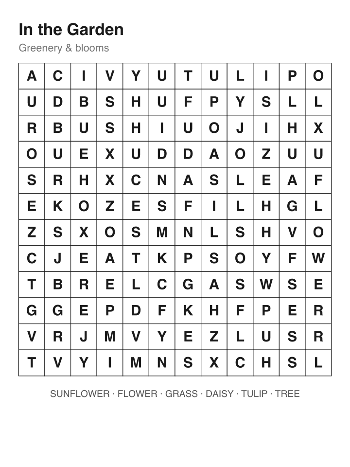 In the Garden word search puzzle, 12 by 12 grid
