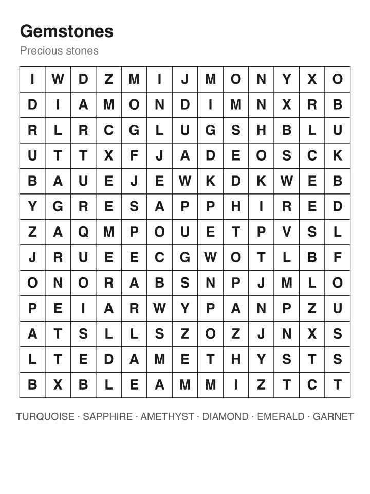 Gemstones word search puzzle, 13 by 13 grid