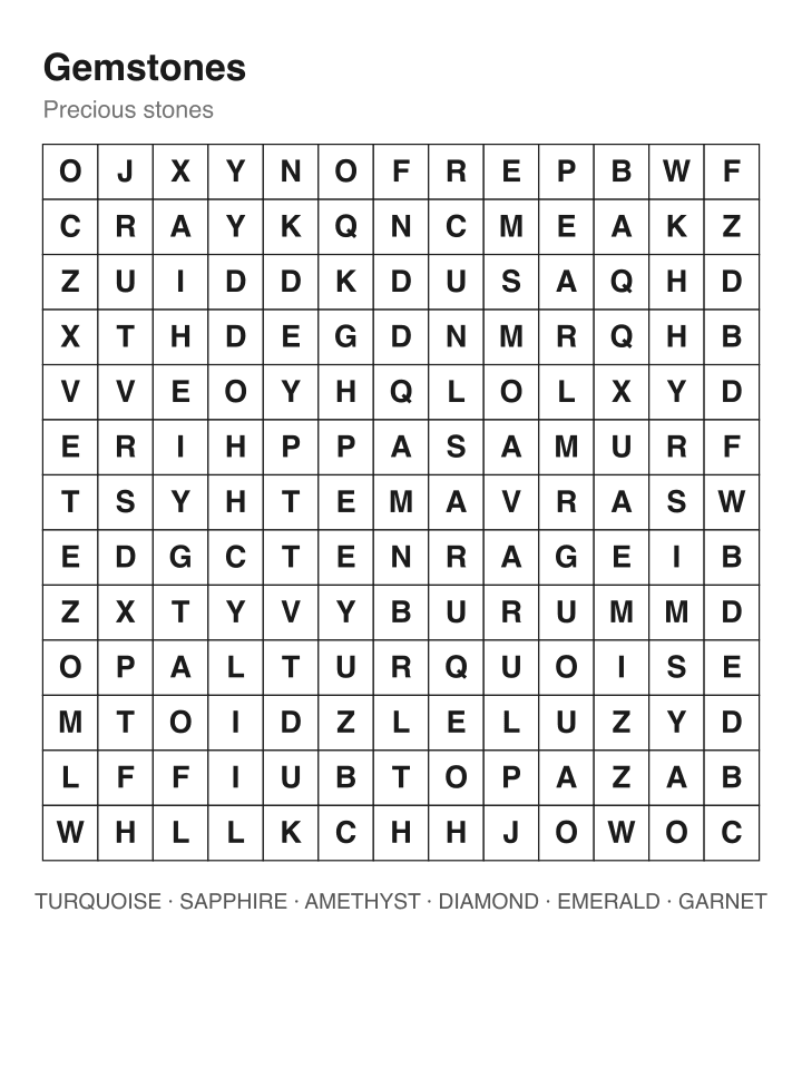 Gemstones word search puzzle, 13 by 13 grid