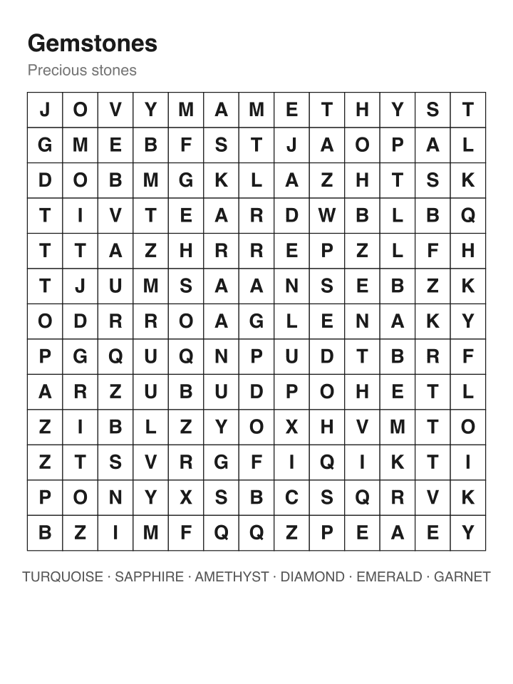 Gemstones word search puzzle, 13 by 13 grid