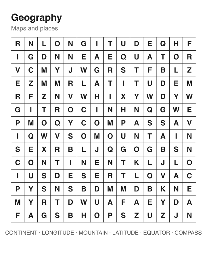 Geography word search puzzle, 14 by 14 grid