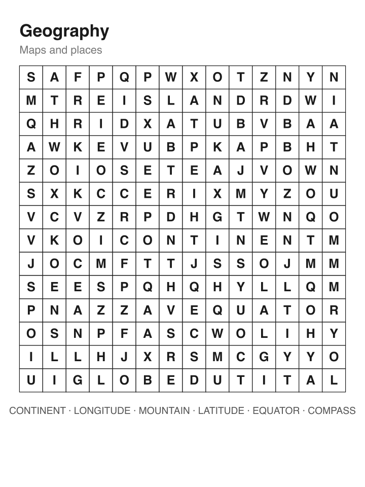Geography word search puzzle, 14 by 14 grid