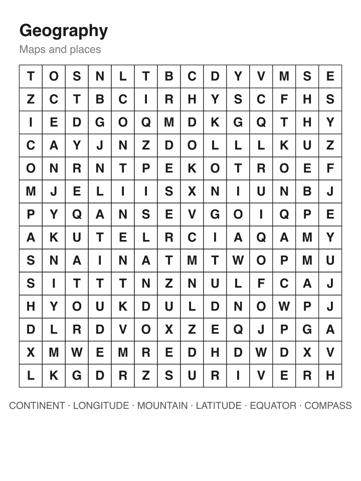 Geography word search puzzle, 14 by 14 grid