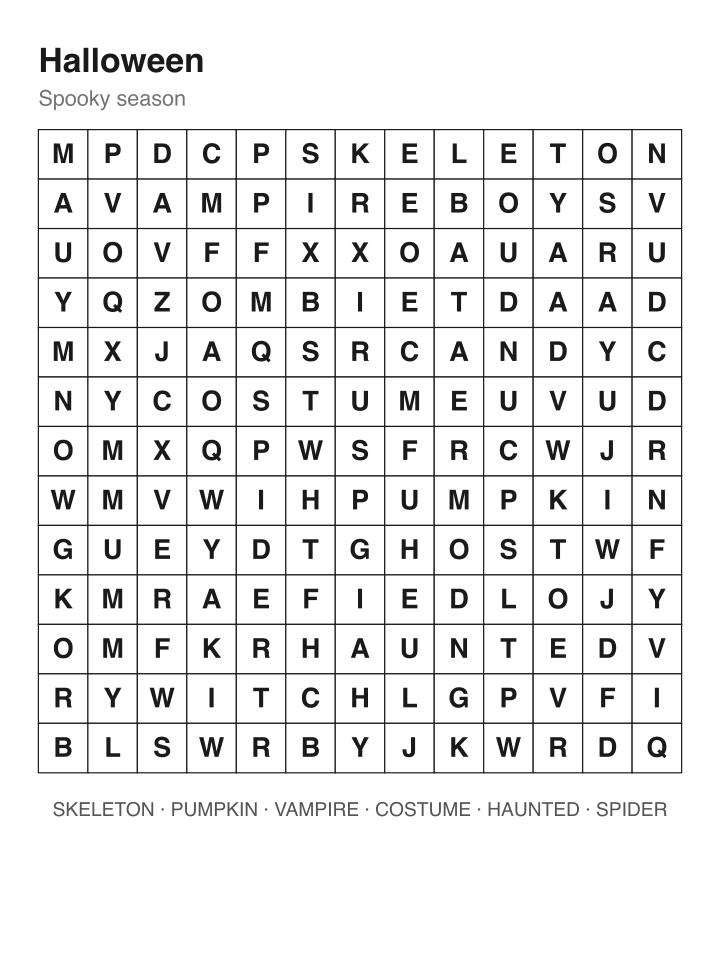 Halloween word search puzzle, 13 by 13 grid