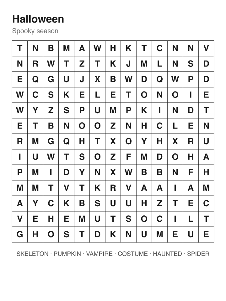 Halloween word search puzzle, 13 by 13 grid