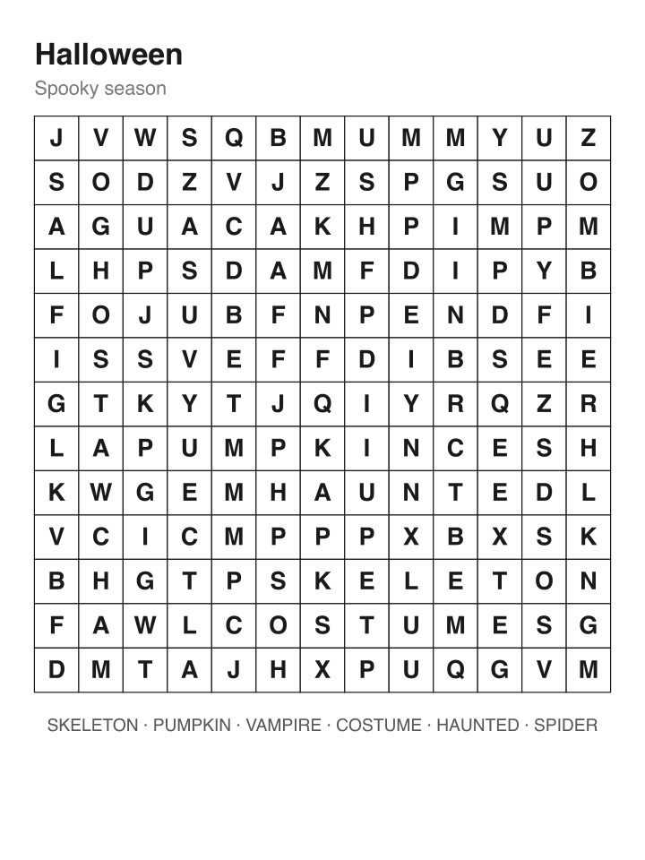 Halloween word search puzzle, 13 by 13 grid