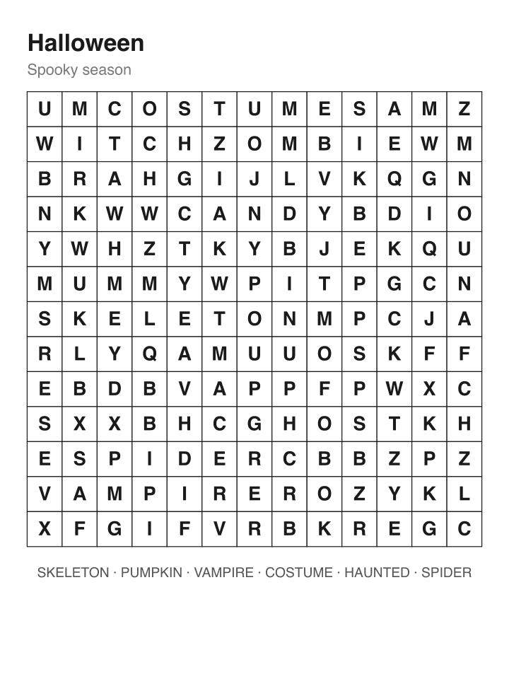 Halloween word search puzzle, 13 by 13 grid