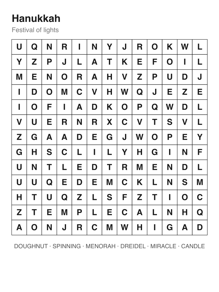Hanukkah word search puzzle, 13 by 13 grid