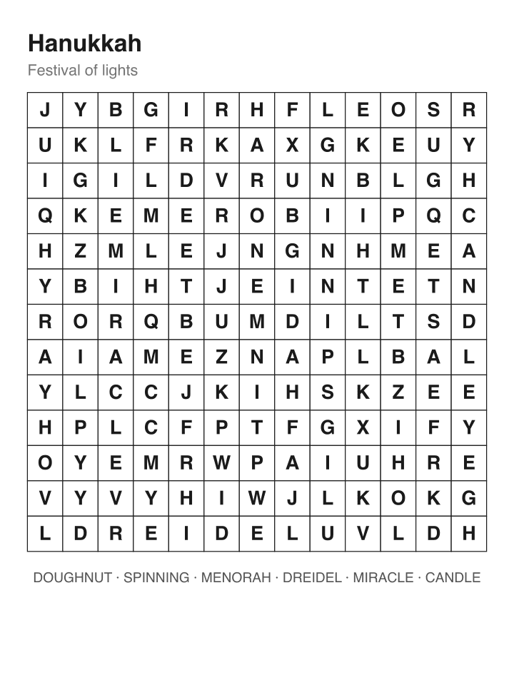 Hanukkah word search puzzle, 13 by 13 grid