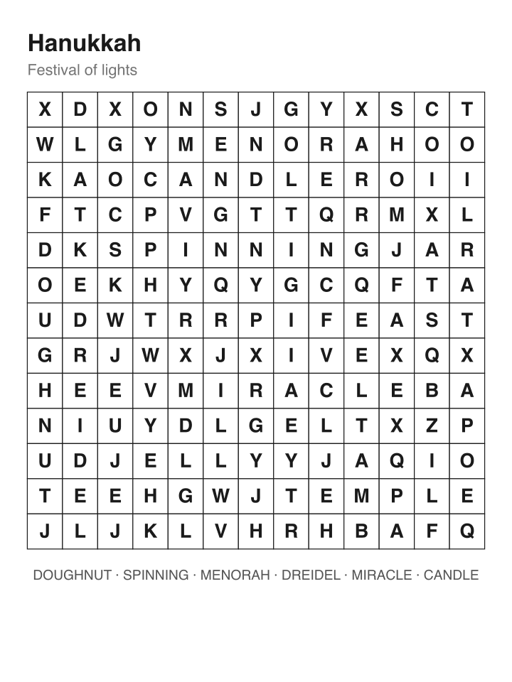 Hanukkah word search puzzle, 13 by 13 grid