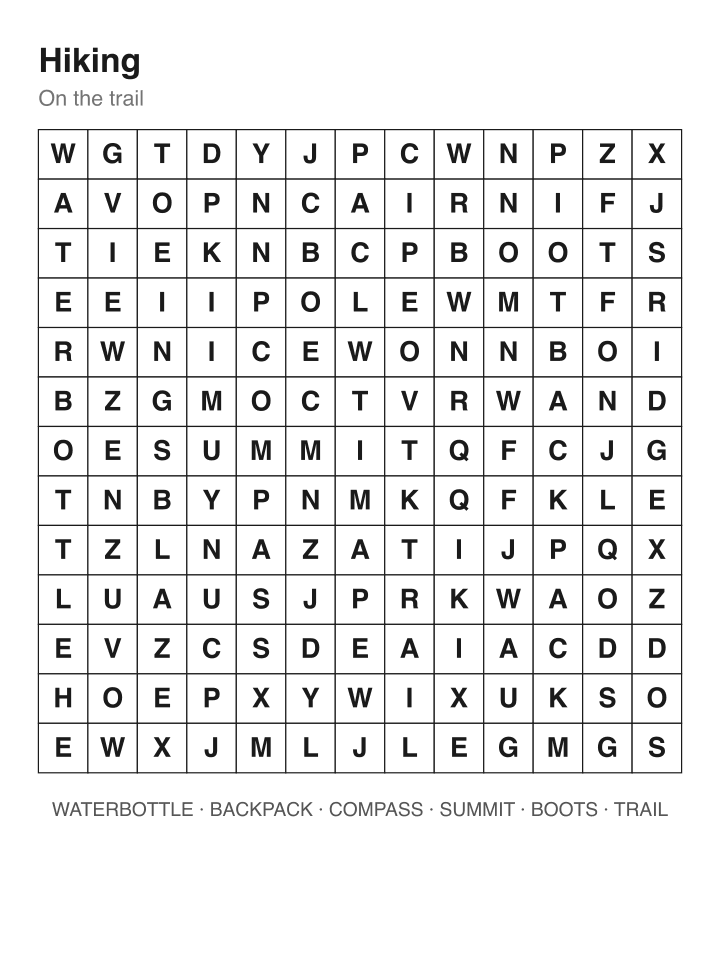Hiking word search puzzle, 13 by 13 grid