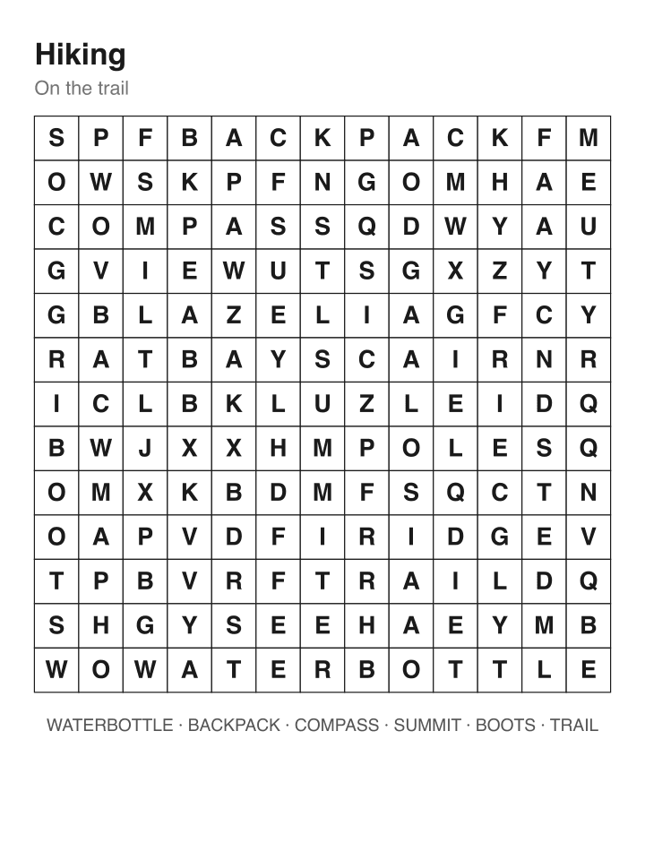 Hiking word search puzzle, 13 by 13 grid