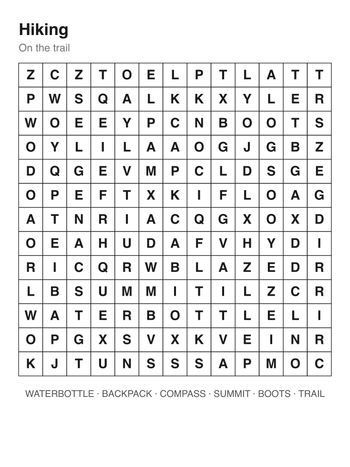 Hiking word search puzzle, 13 by 13 grid