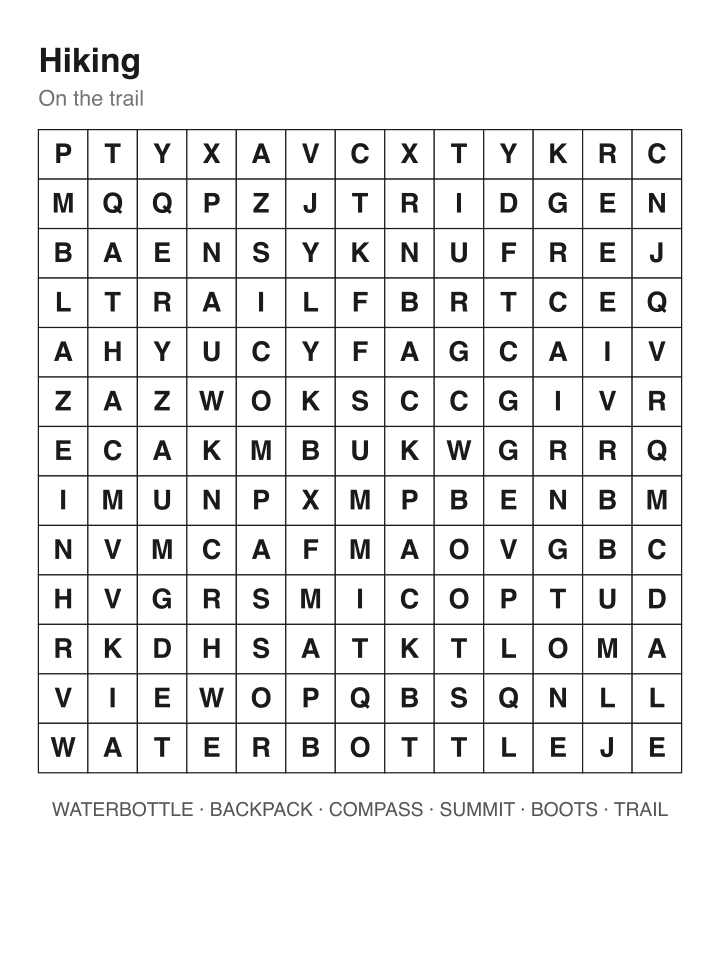 Hiking word search puzzle, 13 by 13 grid