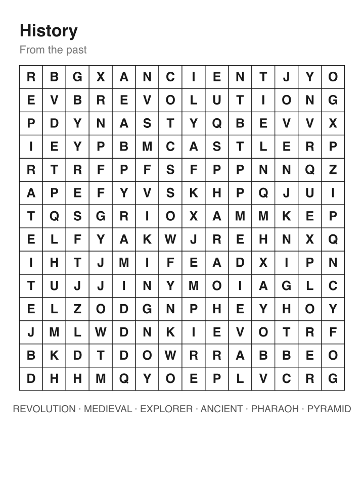 History word search puzzle, 14 by 14 grid