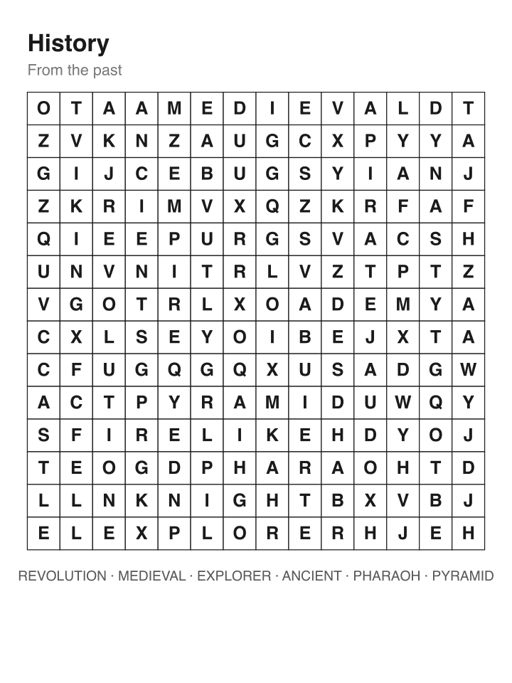 History word search puzzle, 14 by 14 grid
