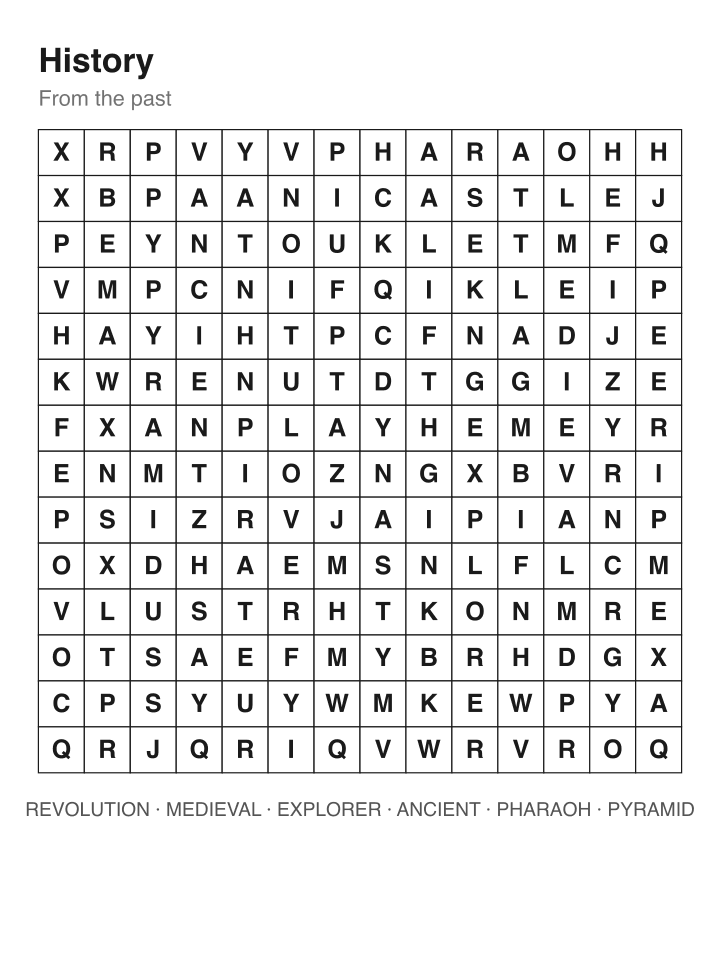 History word search puzzle, 14 by 14 grid