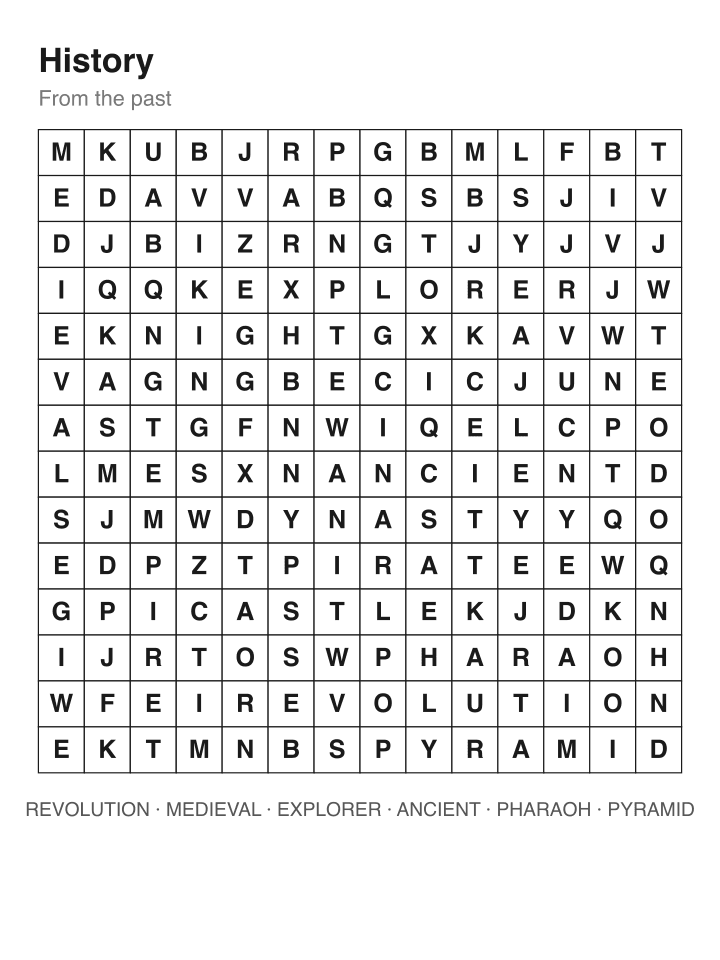 History word search puzzle, 14 by 14 grid