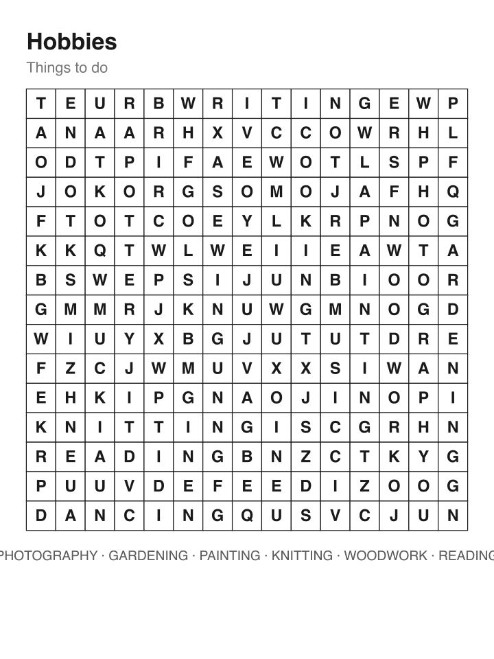 Hobbies word search puzzle, 15 by 15 grid