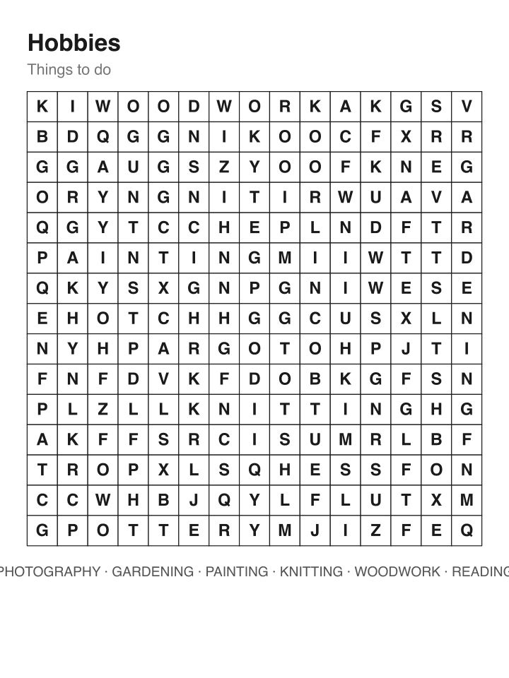 Hobbies word search puzzle, 15 by 15 grid