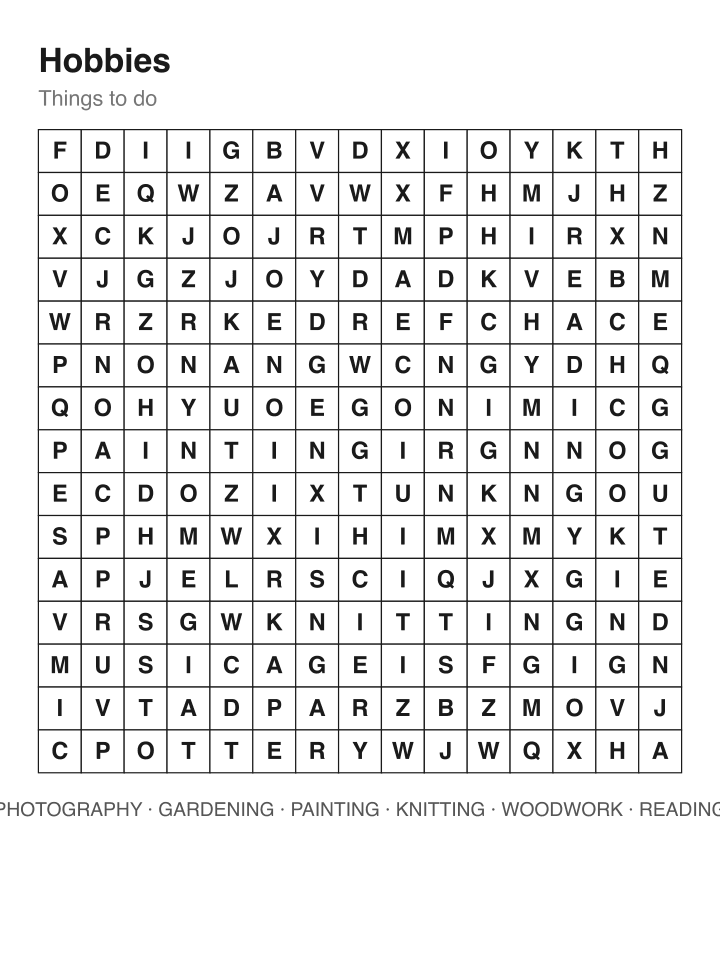 Hobbies word search puzzle, 15 by 15 grid