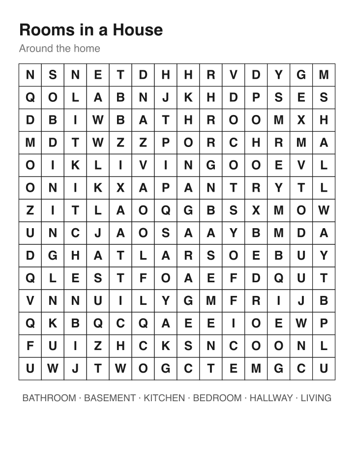 Rooms in a House word search puzzle, 14 by 14 grid