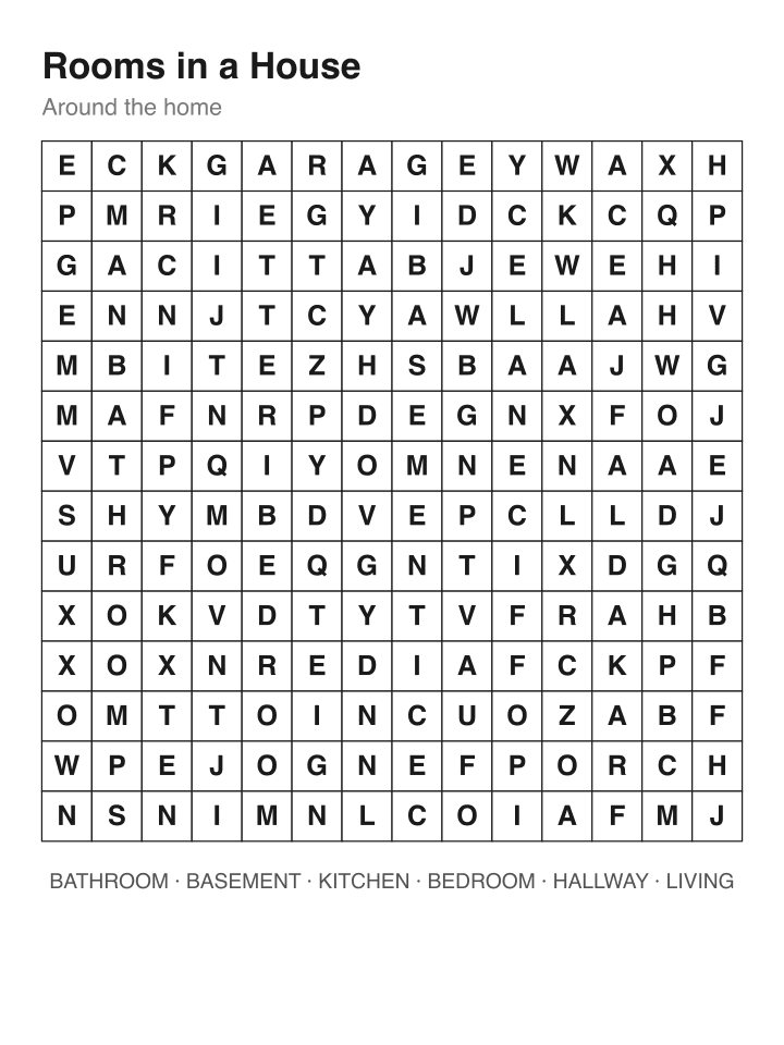 Rooms in a House word search puzzle, 14 by 14 grid
