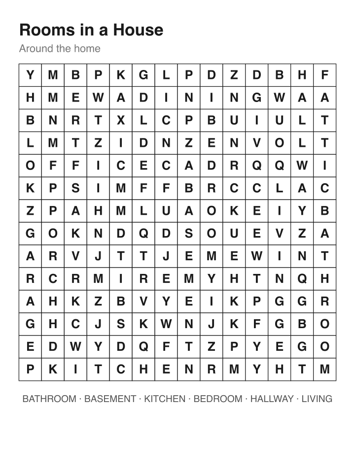 Rooms in a House Word Search · Medium