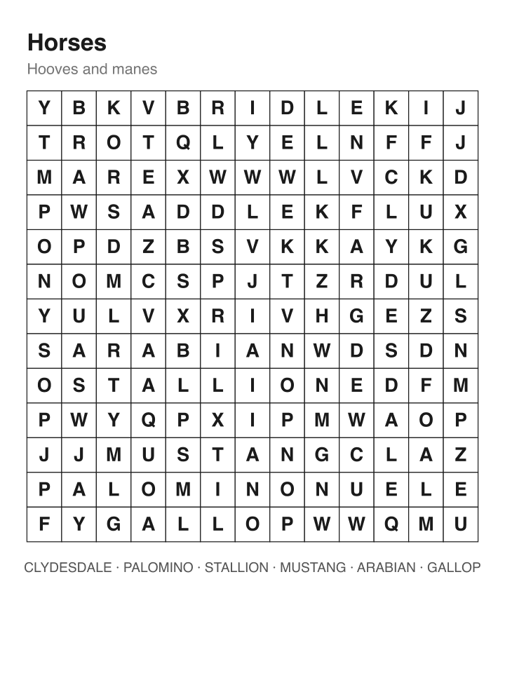 Horses word search puzzle, 13 by 13 grid