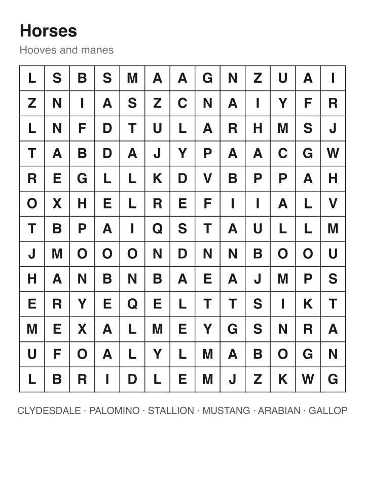 Horses word search puzzle, 13 by 13 grid