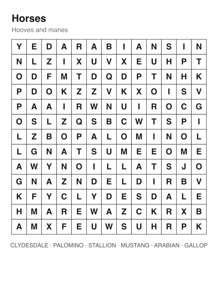 Horses word search puzzle, 13 by 13 grid