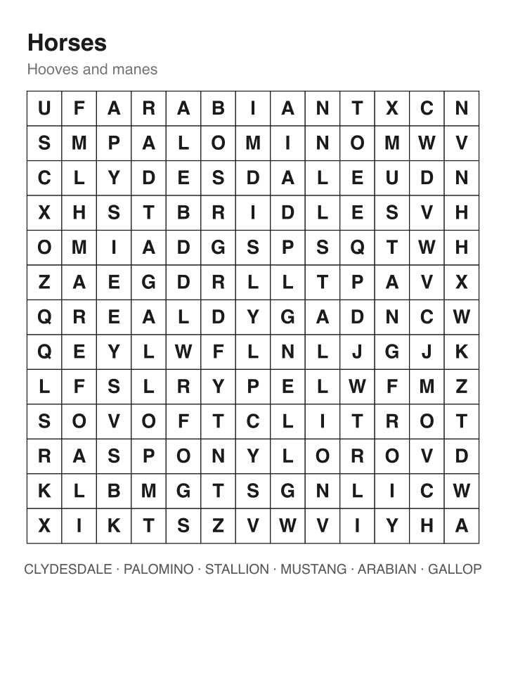 Horses word search puzzle, 13 by 13 grid