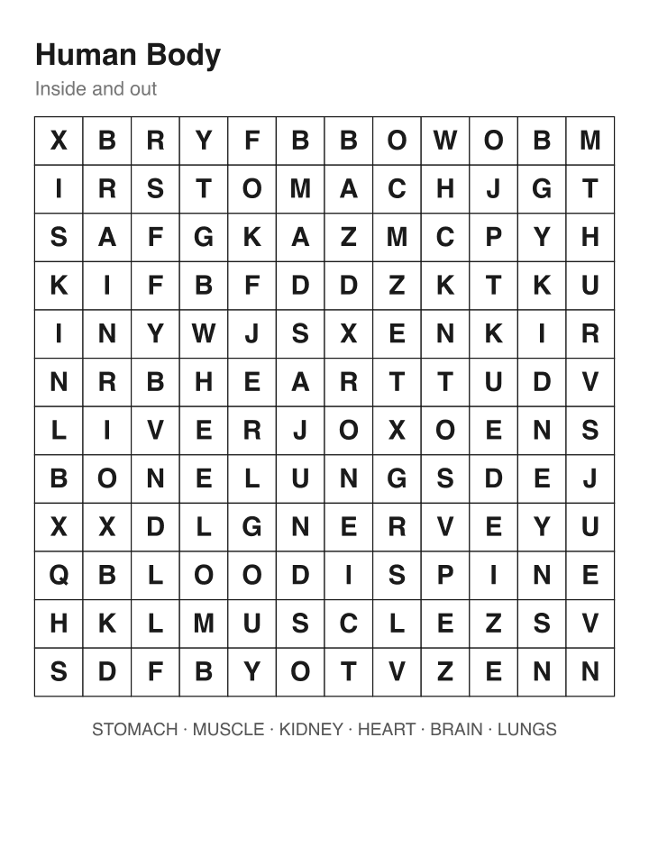 Human Body word search puzzle, 12 by 12 grid