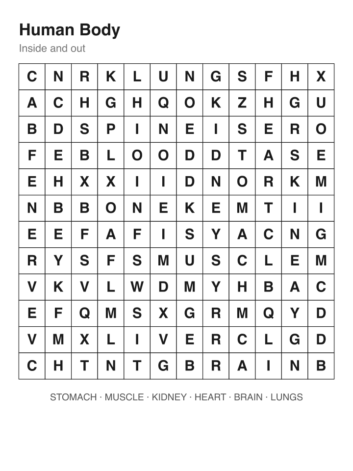 Human Body word search puzzle, 12 by 12 grid