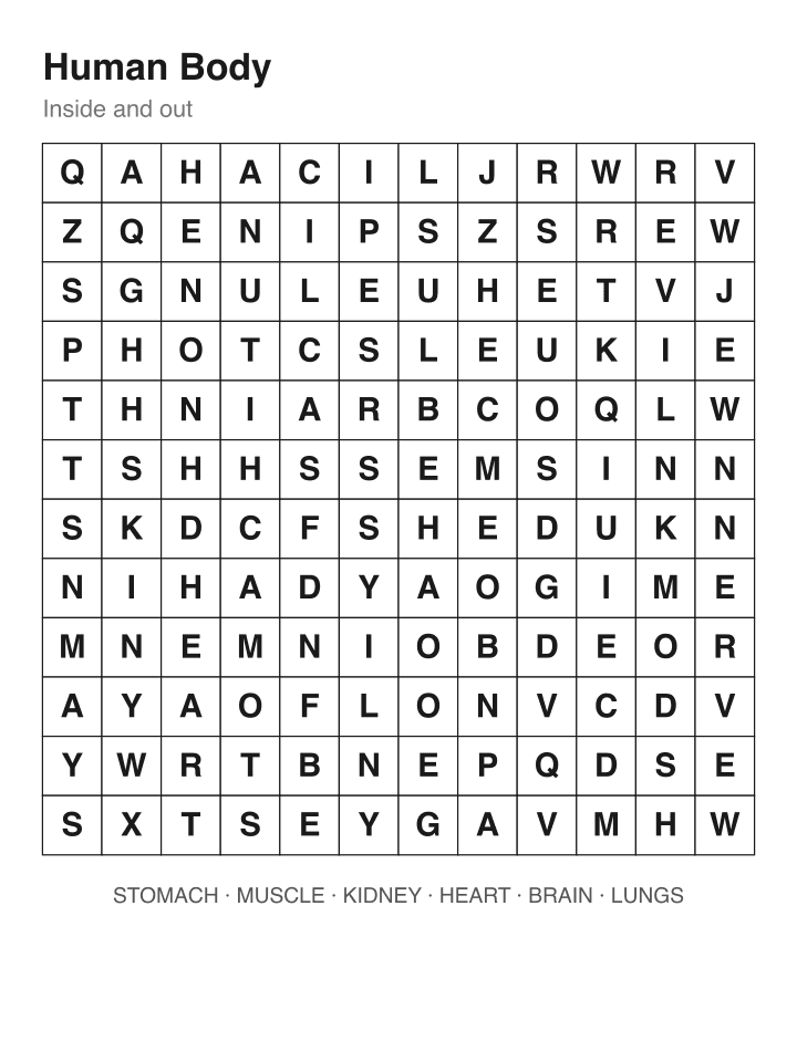 Human Body word search puzzle, 12 by 12 grid