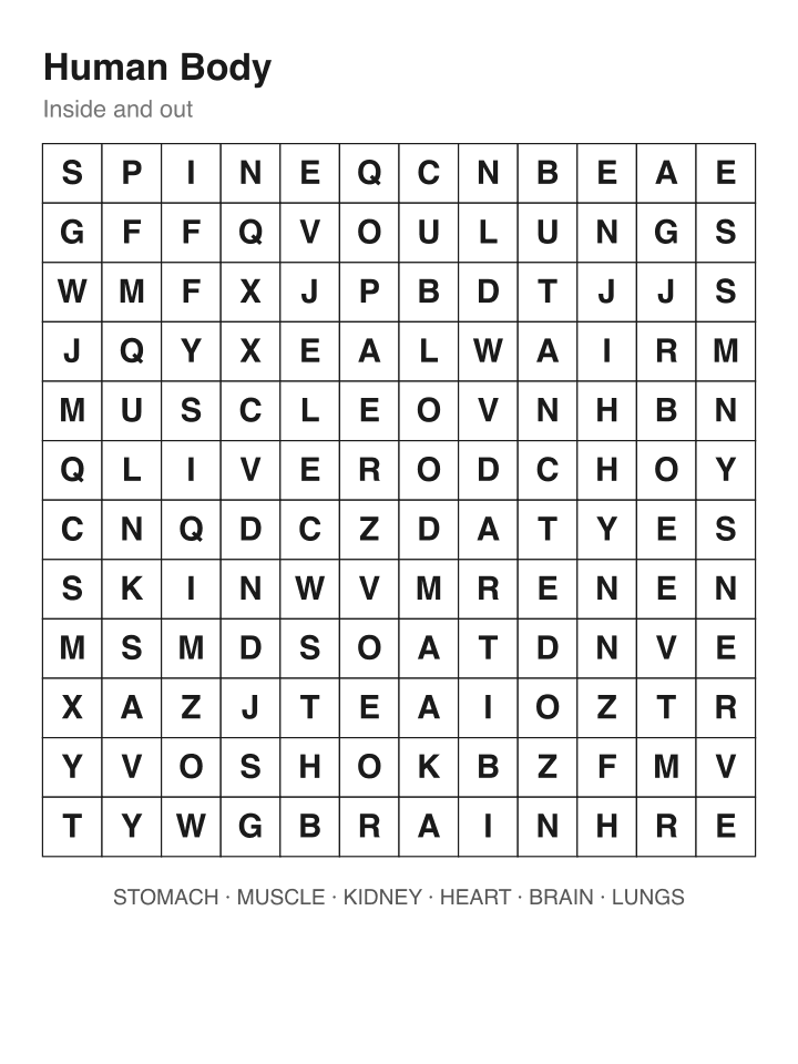 Human Body word search puzzle, 12 by 12 grid