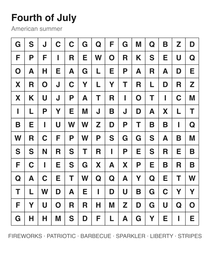 Fourth of July word search puzzle, 14 by 14 grid