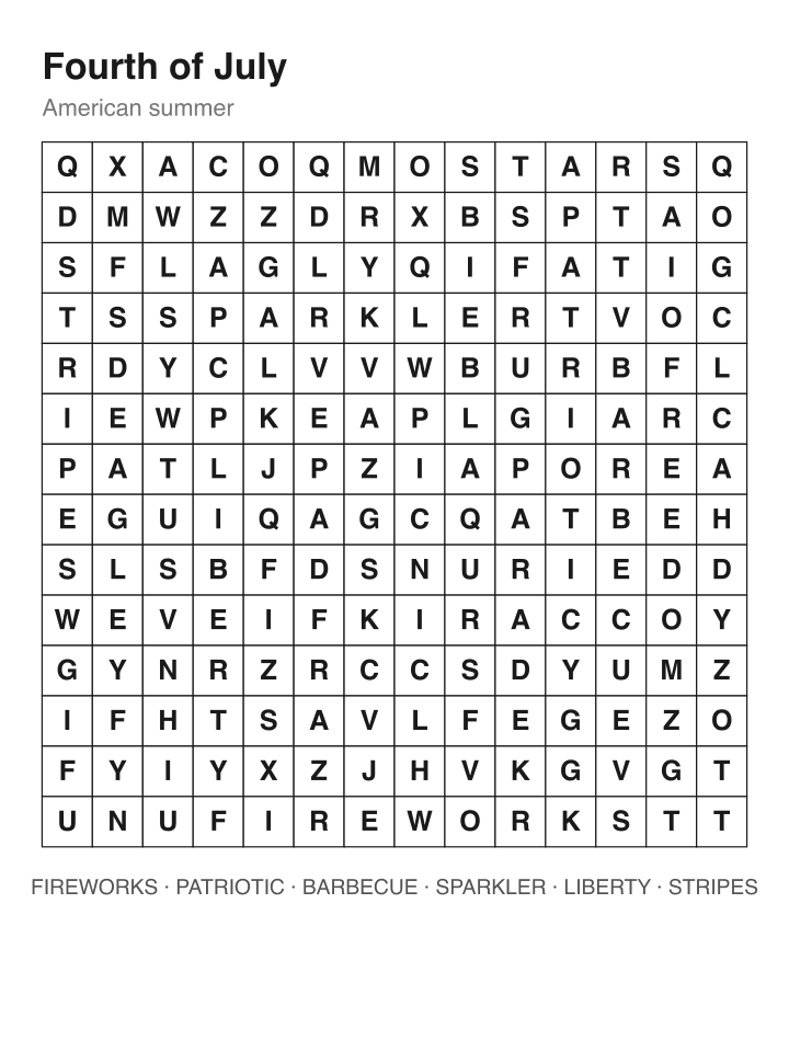 Fourth of July word search puzzle, 14 by 14 grid