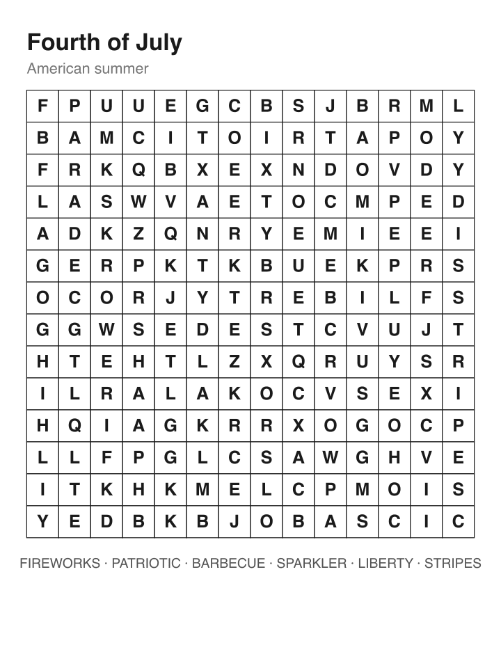 Fourth of July word search puzzle, 14 by 14 grid