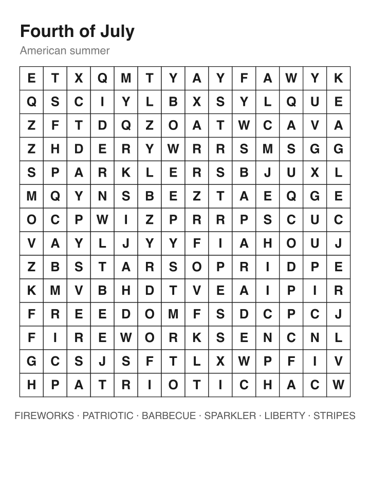 Fourth of July word search puzzle, 14 by 14 grid
