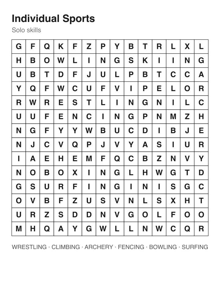 Individual Sports word search puzzle, 14 by 14 grid