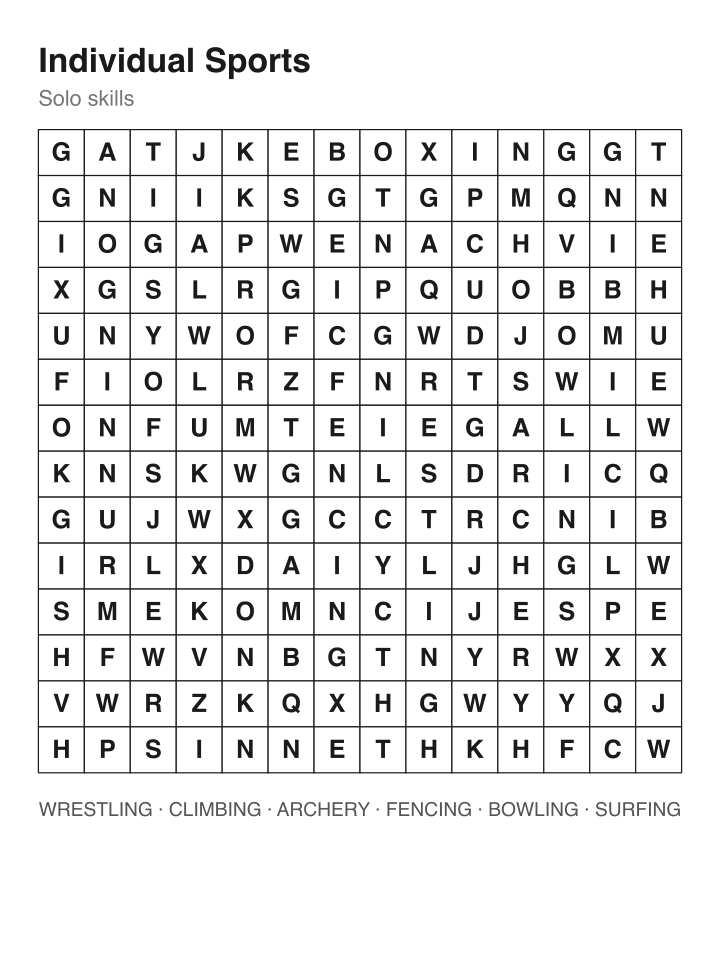 Individual Sports word search puzzle, 14 by 14 grid