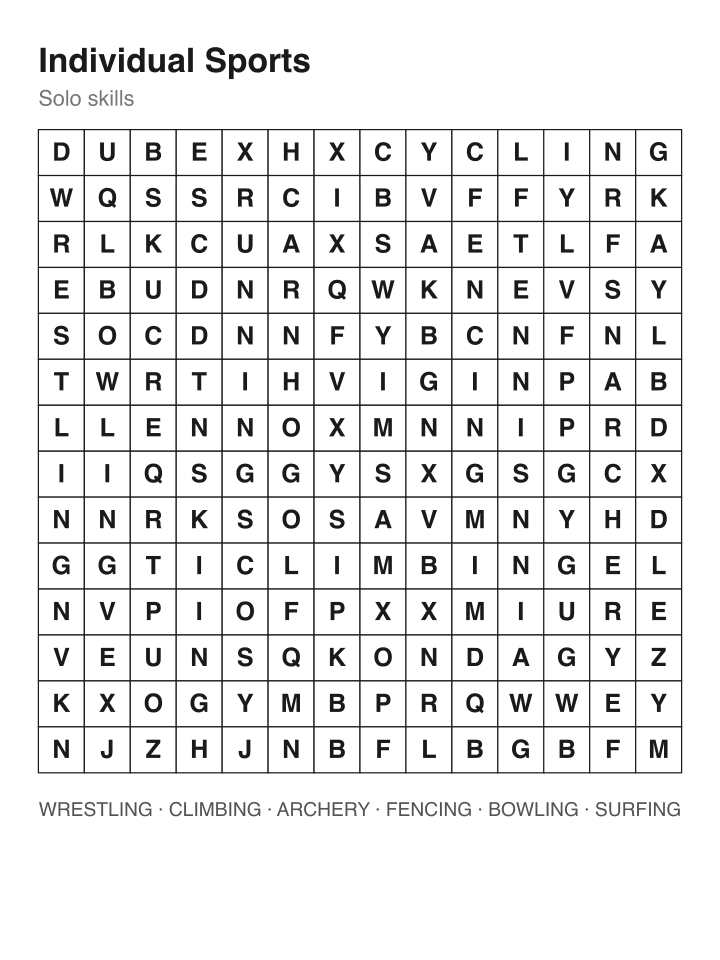 Individual Sports word search puzzle, 14 by 14 grid