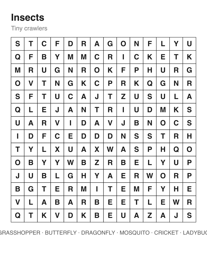 Insects word search puzzle, 14 by 14 grid