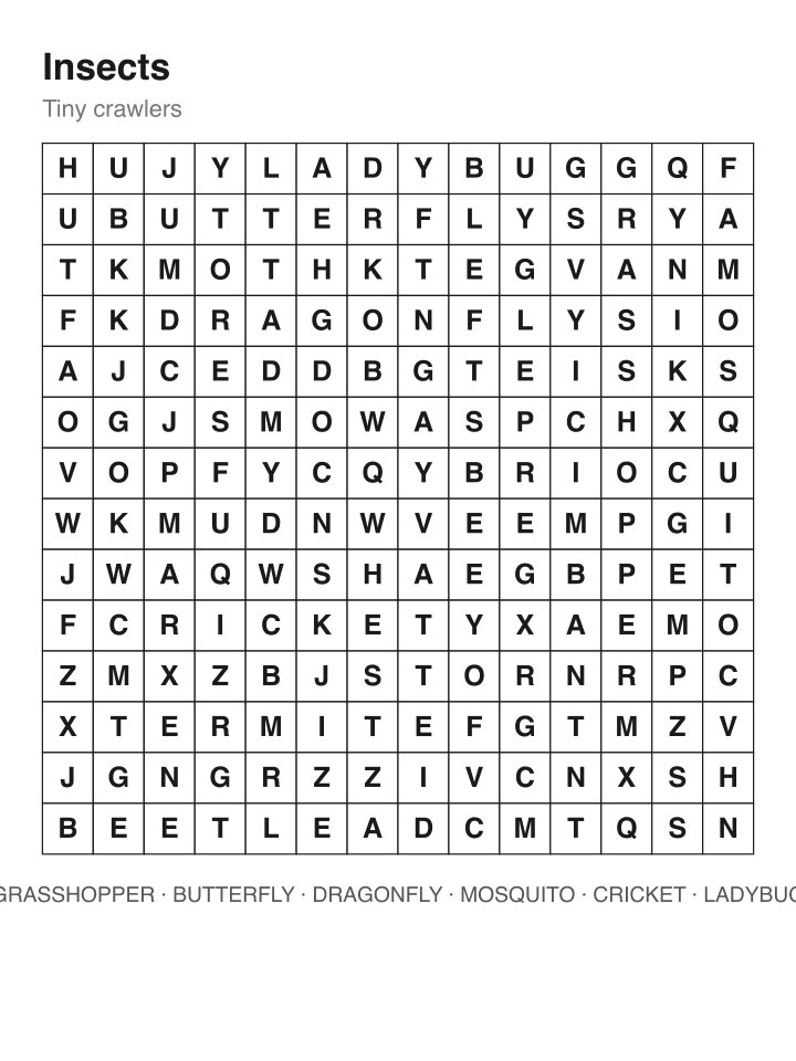 Insects word search puzzle, 14 by 14 grid