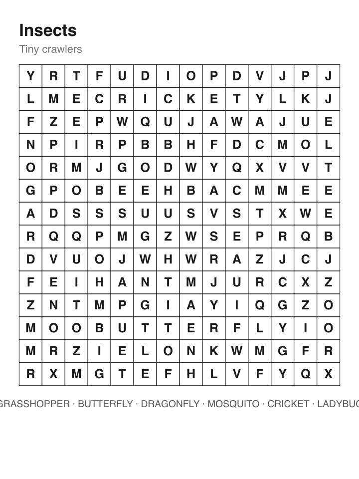 Insects word search puzzle, 14 by 14 grid
